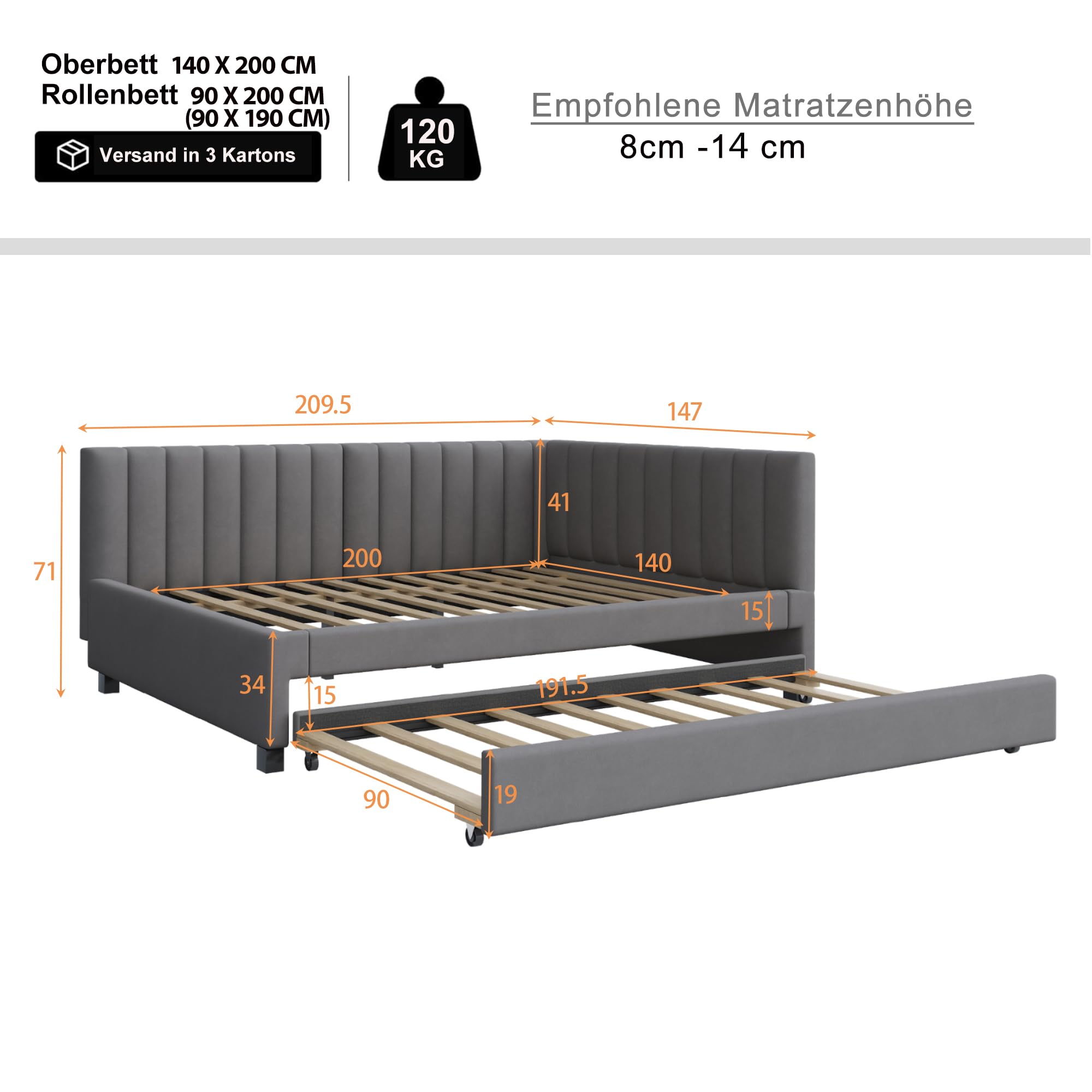 Polsterbett 140x200, Ausziehbares Schlafsofa,Sofabett, Multifunktionsbett mit Lattenrost, Jugendbetten Kinderbetten Gästebetten, Zwei betten, Schlafcouch, Funktionsbett Beige (Grau-140)
