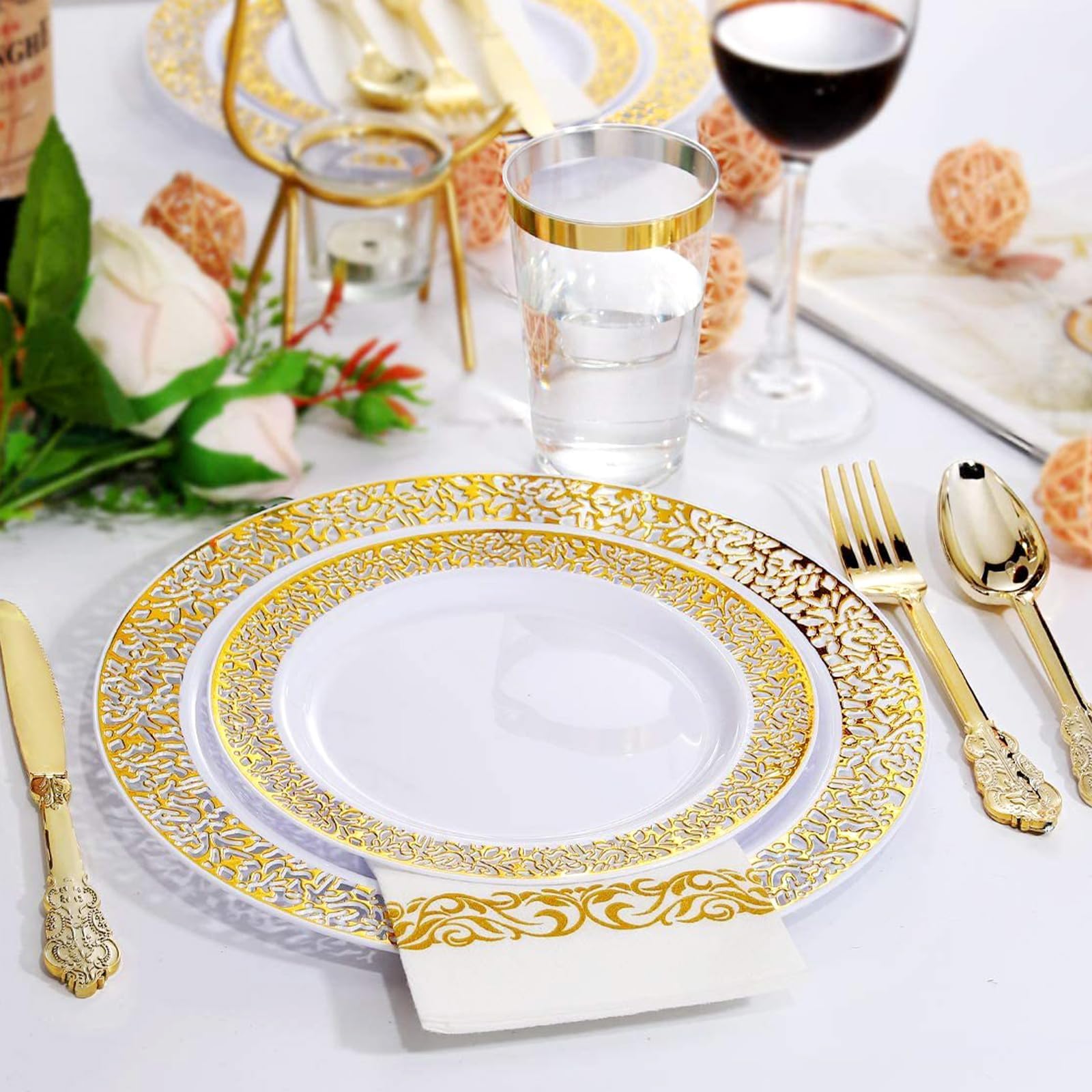 AKOLAFE 50 Piezas Platos Plástico Dorado, Platos Reutilizables con Borde Dorado 19 cm y 26 cm para Bodas Fiestas Cumpleanos Cena Postre Mesa Evento Decoración