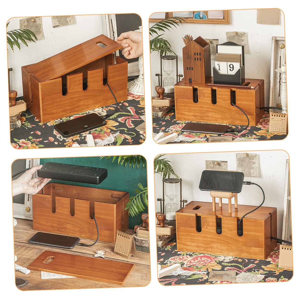 Caja Ocultador De Cables De Madera Sólida 12x5.5x5.3 Pulgadas para Oficina Hogar Aulas Seguridad Antidescargas