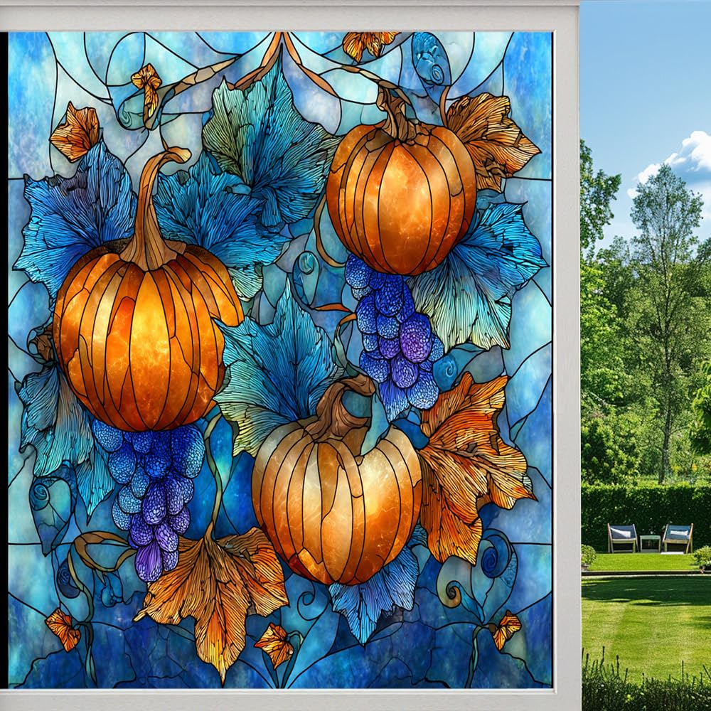 Rustic Pumpkins Stained Glass Window Film, Colorful Maple Leaf Plants Peel and Stick Privacy Film, Frosted Adhesive Vinyl Decorative for Bathroom Windows Glass Doors, （50x100cm）