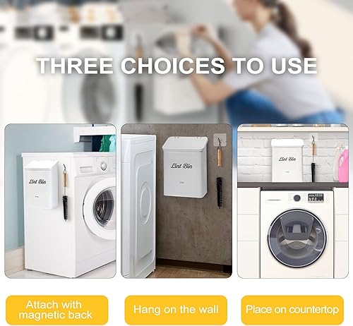 Miniatura 10 de Uross Contenedor magnético de pelusa con cepillo para pelusas, soporte de metal montado en la pared para secadora con tapa, elegante decoración de