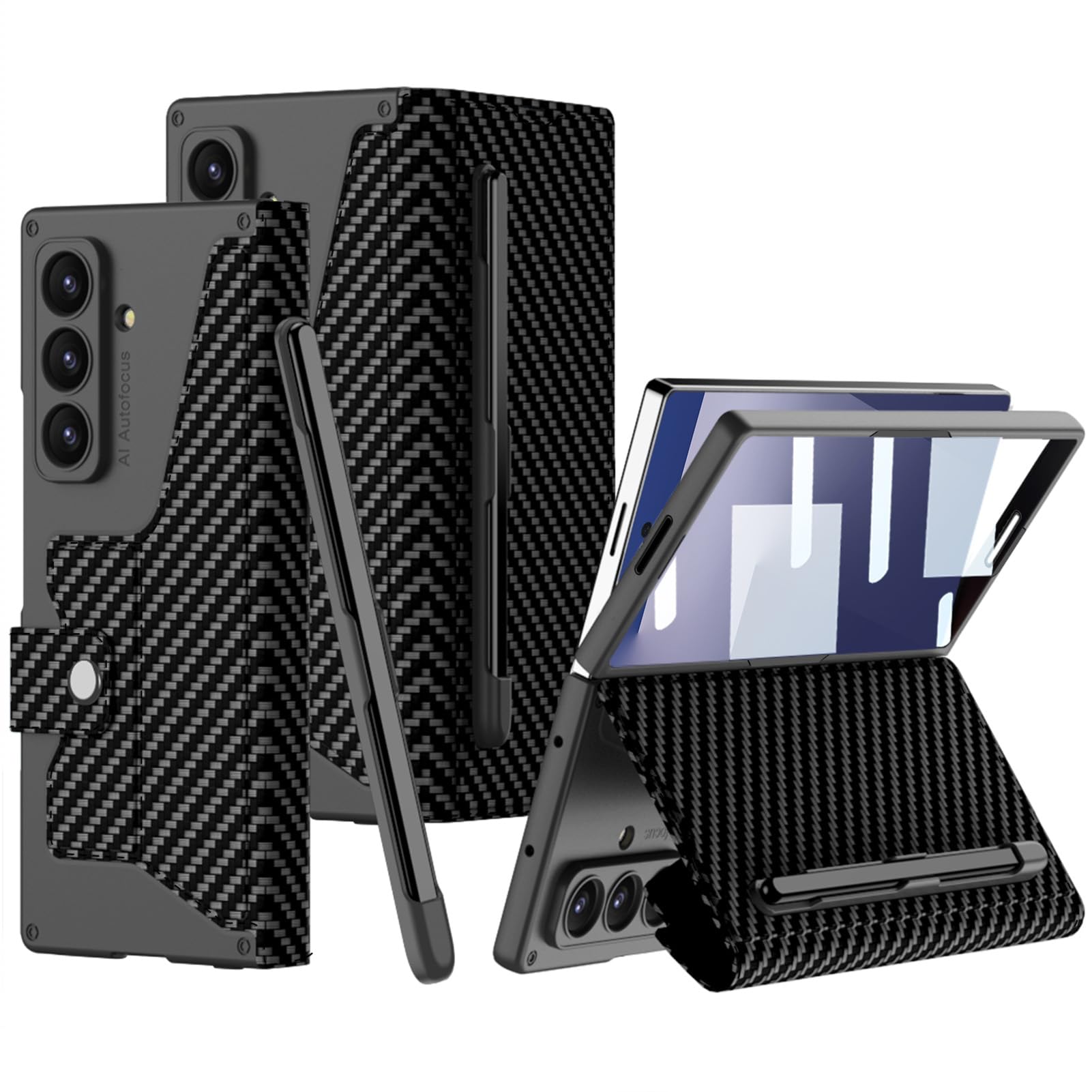 FODDOM Galaxy Z Fold7ケース ギャラクシーz フォールド7ケース【ペン付き】 Fold7case 耐衝撃/汚れ防止/おしゃれ レザー/手帳型/スタンド機能/カード収納 レンズ保護 (Z Fold7 カーボンファイバー)