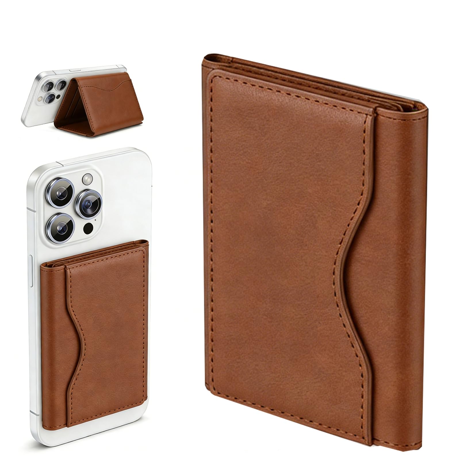 Tri-Fold Magnetic Wallet with 6-Card Holder, Card Holder with Stand, Magnetic Closure, PU Premium Leather, Ultra Slim Design, Magsafe Wallet case Compatible with iPhone 16/15/14/13/12 (Brown)-image-39
