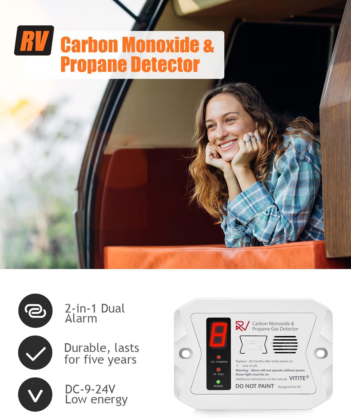 RV Carbon Monoxide & Propane Detectors, VITITE Dual CO/LP Gas Alarm with Digital Display, Replacement for Old RV Gas Detector #20-441 & #30-442, Hardwired - DC 12V, Surface ＆ Flush Mount, White