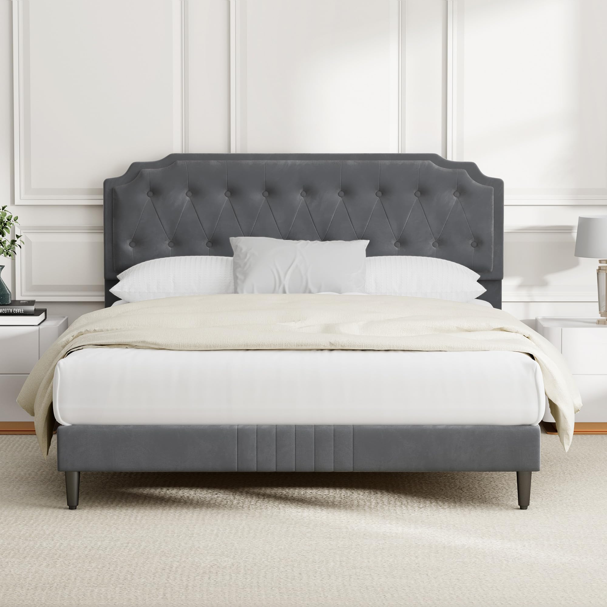 CozyLiving Super King Upholstered Bed Frame with Cozy Button Tufted Headboard & Adjustable Height, Wood Slat Support, No Box Spring Needed - CHELSEY (Dark Grey)