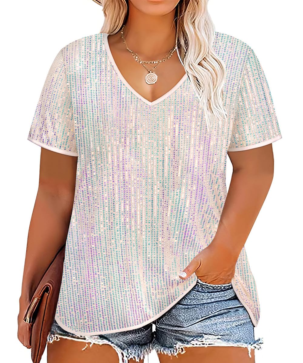 CARCOS Plus Size Sequin Top for Women Short Sleeve Party Blouse Evening Sparkle Shimmer V Neck Glitter Shirt Ladies XL-5XL