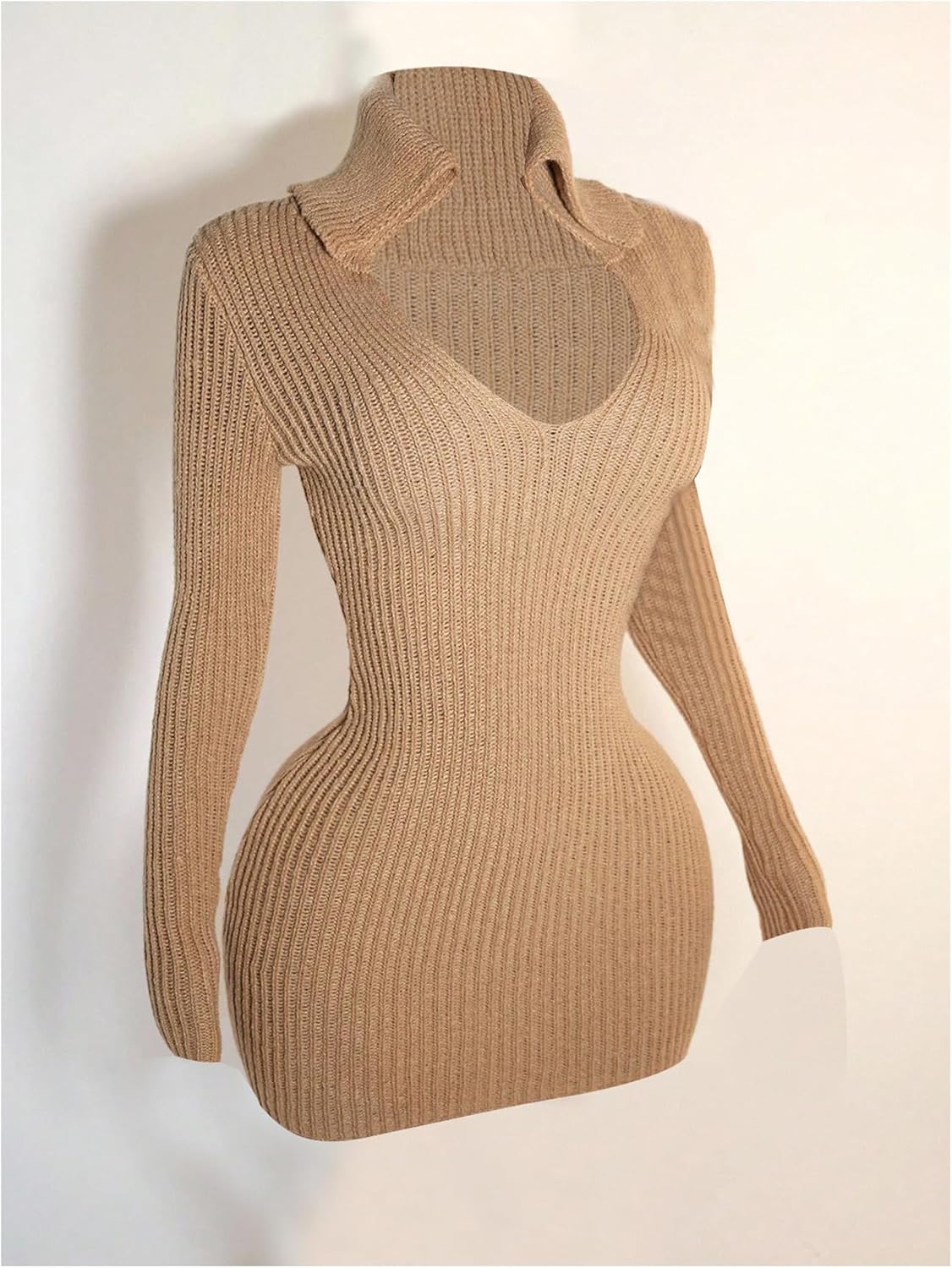 WDIRARA Women's Long Sleeve Bodycon Sweater Dress Collar V Neck Knit Mini Dress - Image 3