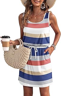Sommerkleid Damen Ärmellose Strandkleid Damen U-Ausschnitt KordelzugKleid Luftiges Kleid Damen Sommer mit Taschen