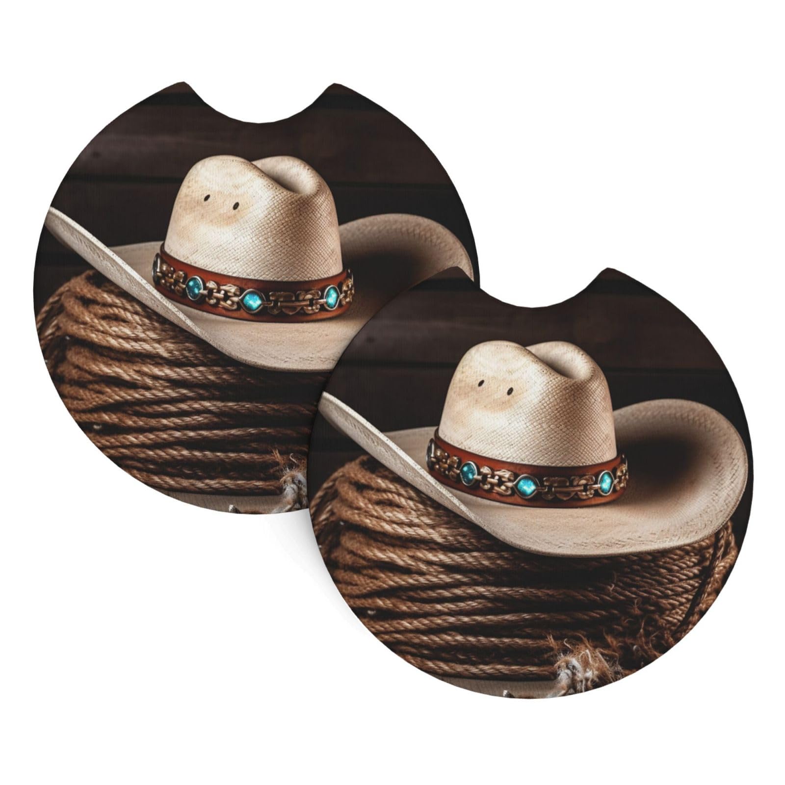 2PCS Car Coaster for Cup Holders Universal Auto Cup Mat American West Rodeo Hat Cup Coaster Pad 2.7" Waterproof Neoprene Non-Slip Cup Holder Coasters Car Interior Accessories for Women Men