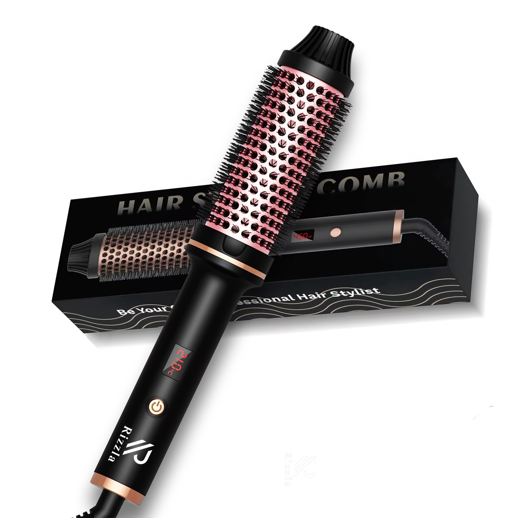 RIZZLA38mm Thermal Brush - Curly Hair Brush, Hair Straightener & Hair Curler, Professional Hot Air Brush, Dual PTC Heating, 120-200°C, 65W, 1.8m Cord - Volume & Styling Tool, Black Gold