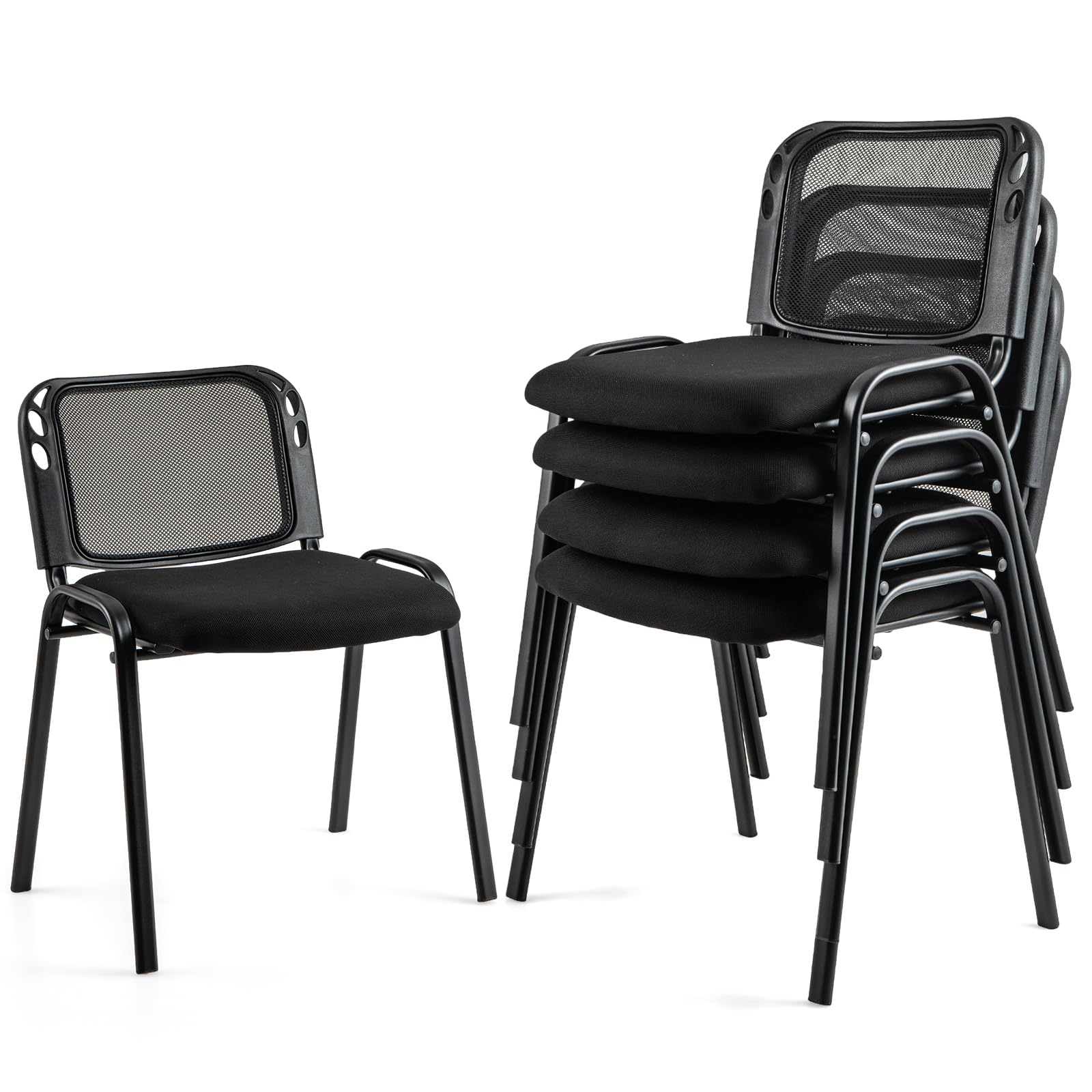 COSTWAY Set of 5/10 Stackable Reception Chairs, Upholstered Armless Mesh Office Chair, Heavy Duty Metal Frame Guest Conference Chair for Home Office Waiting Room Bedroom (58x55x72cm, Black, 5)
