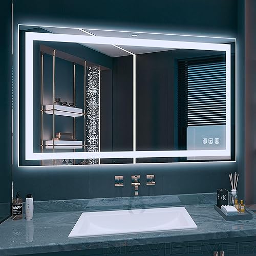 Espejo LED de baño de 48 x 24 pulgadas con luces, espejo iluminado para montar en la pared con regulación continua, antivaho, a prueba de roturas,