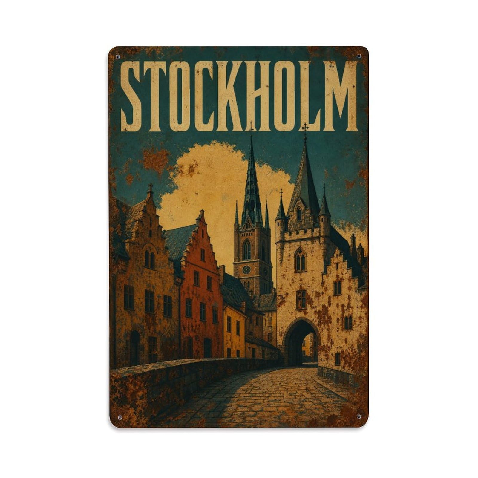 Huiyhb 8X12inch(20X30cm) Vintage Travel Stockholm Medieval Town Sweden Metal Tin Sign