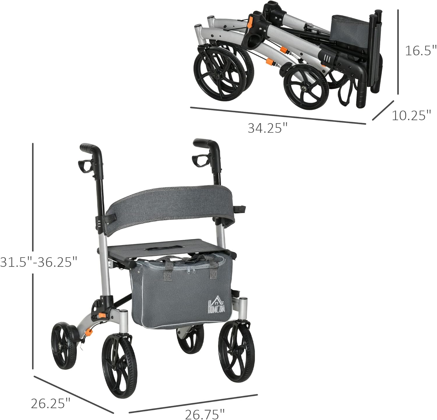 Diagram showing the dimensions of the HOMCOM rollator walker in both unfolded and folded states.