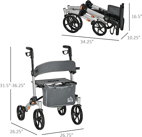 Miniatura 7 de HOMCOM Andador con ruedas de aluminio para personas mayores y adultos con ruedas de 10 pulgadas, asiento y respaldo, andador plegable con mango