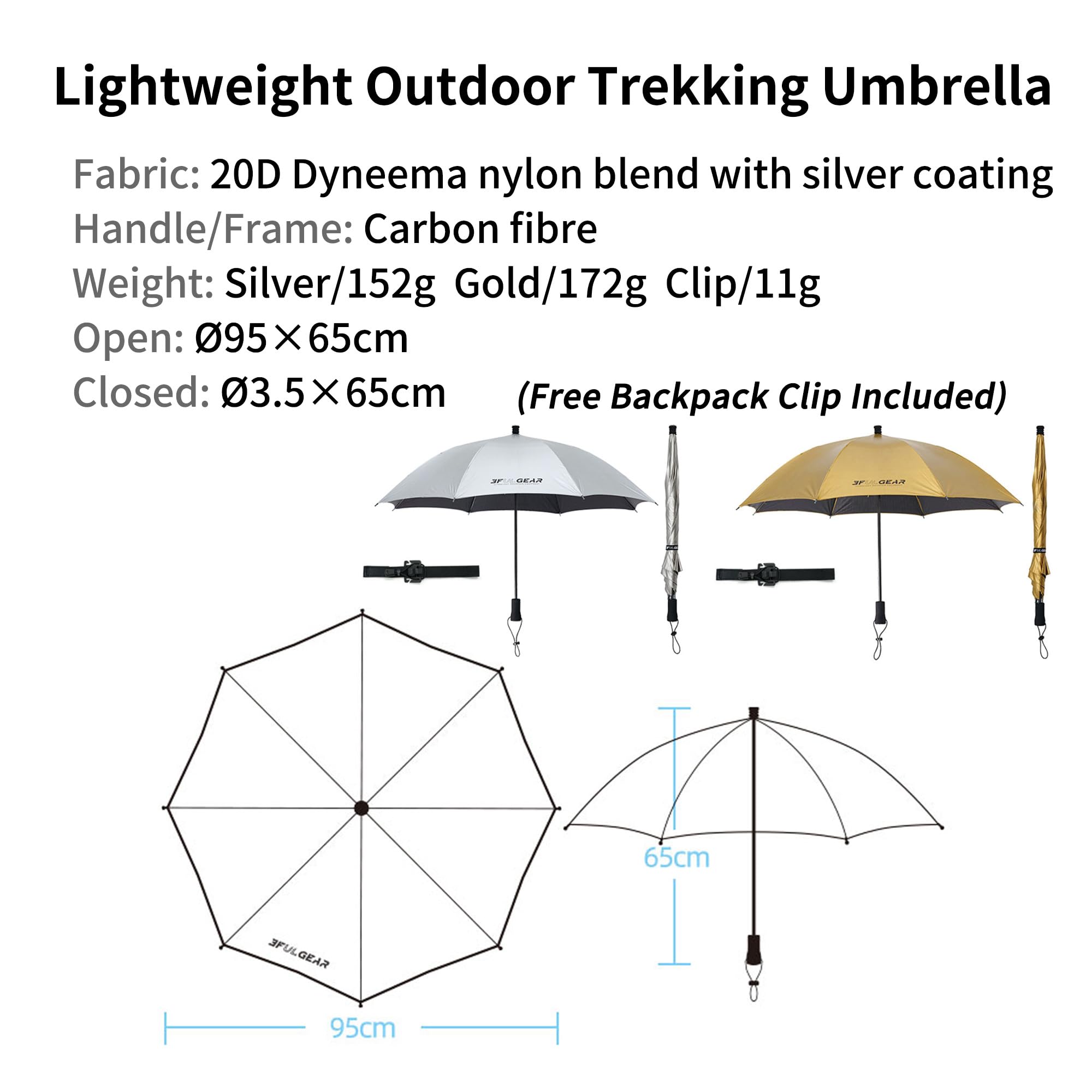 windhike 3F UL GEAR ultralekki parasol trekkingowy, włókno węglowe, nylon Dyneema 20D, wodoszczelny i chroniący przed słońcem, w zestawie uchwyt na plecak, na wędrówki, kemping, wędkowanie na świeżym