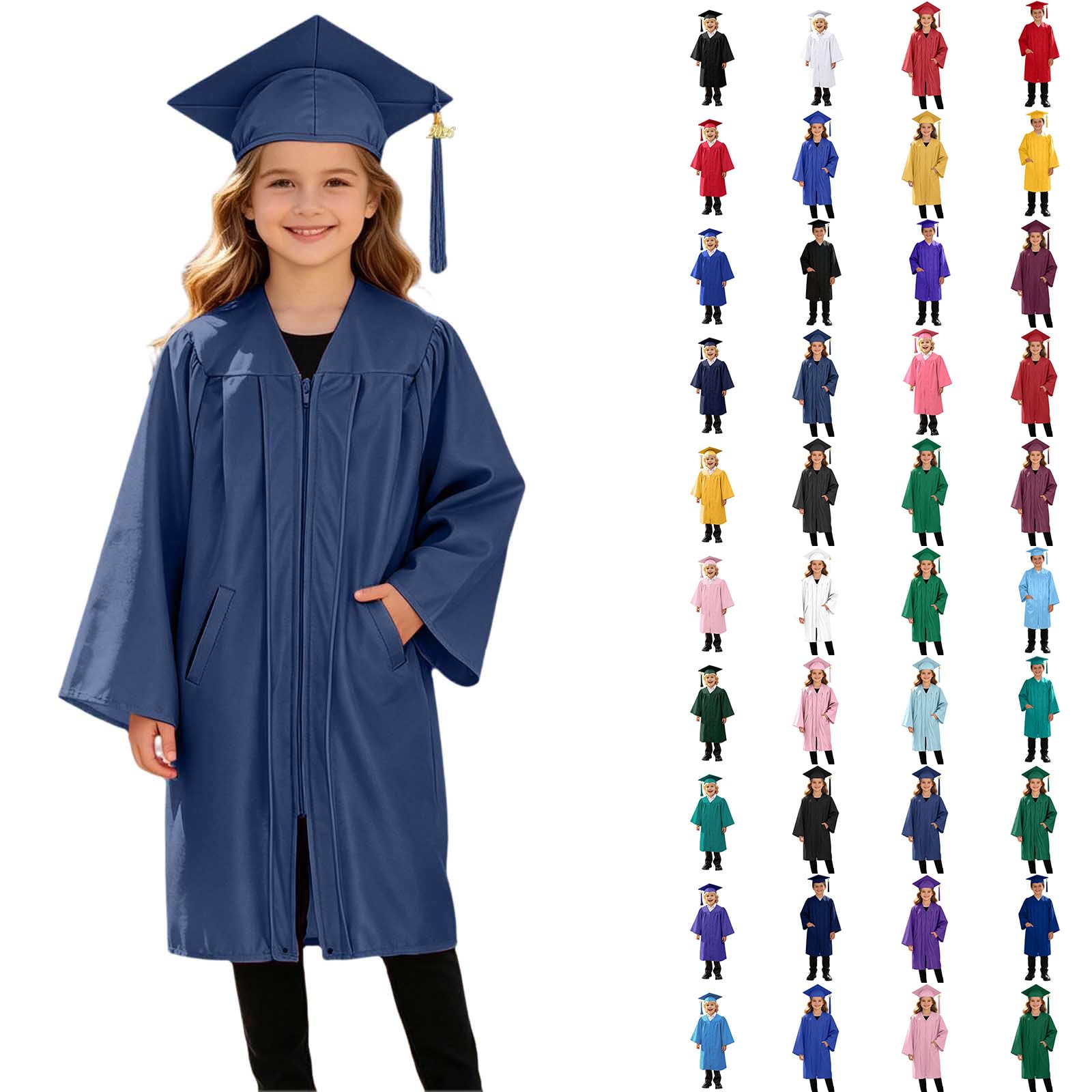 3 Piece Graduation Set for Kids, Gown, Cap, Gold 2026 Tassel, Unisex Boys Girls Preschool Kindergarten Primary School Graduation Gown and Cap Dress Up Props Costume, 14-Navy