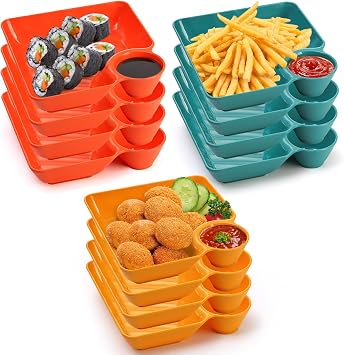 Lawei 12pcs Chip Dip Serving Platter Set, Plastic Dumpling Plates with Sauce Compartment, Square Serving Dish Sushi Plates, Small Dip Tray for Appetizer, Taco Salsa, Fruit, Charcuterie