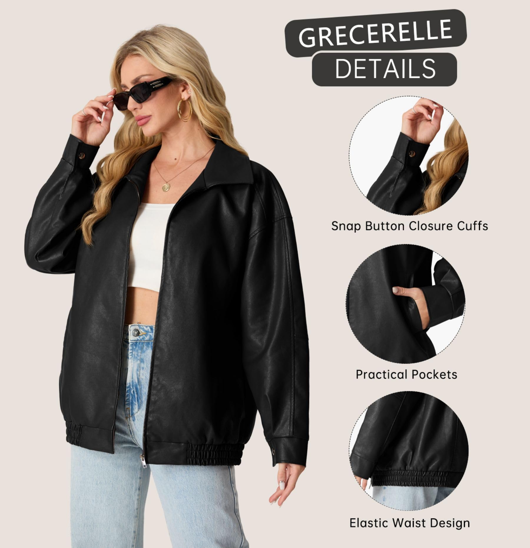 GRECERELLE Giacca in ecopelle da donna con tasche con cerniera giacche da donna a maniche lunghe con cerniera giacca da moto bomber cappotto da donna