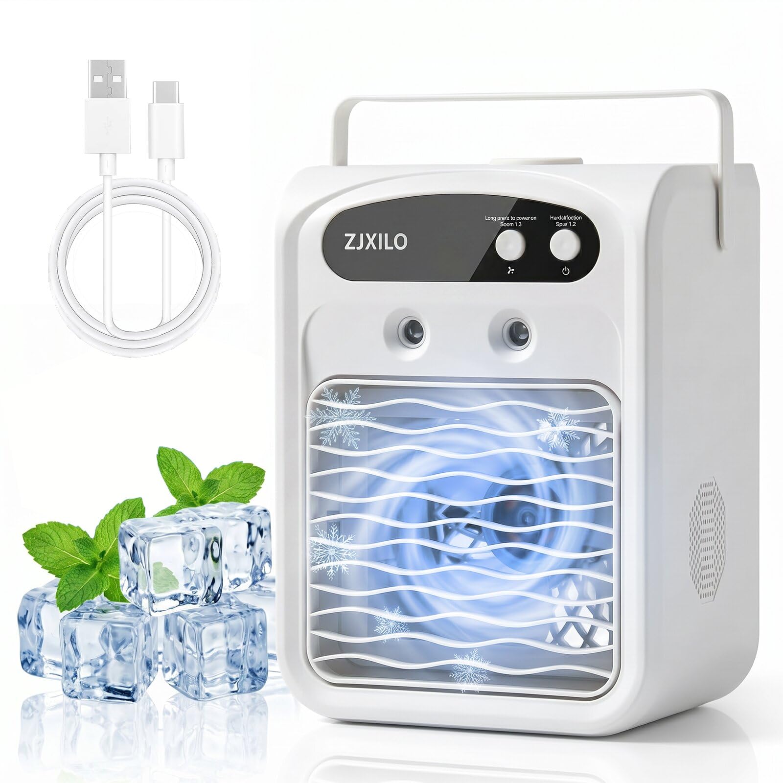 Condizionatore Portatile, Condizionatore d'aria Portatile, Ventilatore USB Portatile, Humidifier, Silenziosocon, 3 Velocità, 2 Modalità di Nebbia, con Serbatoio da 1000ml, per Casa, Ufficio