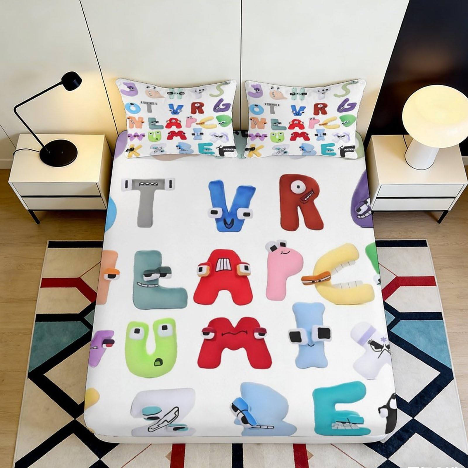 3D Printed Alphabet Cartoon Fitted Sheet Microfiber Colourful Letters Bed Sheet for Bedroom Dorm Decor Protection 90x200x25cm