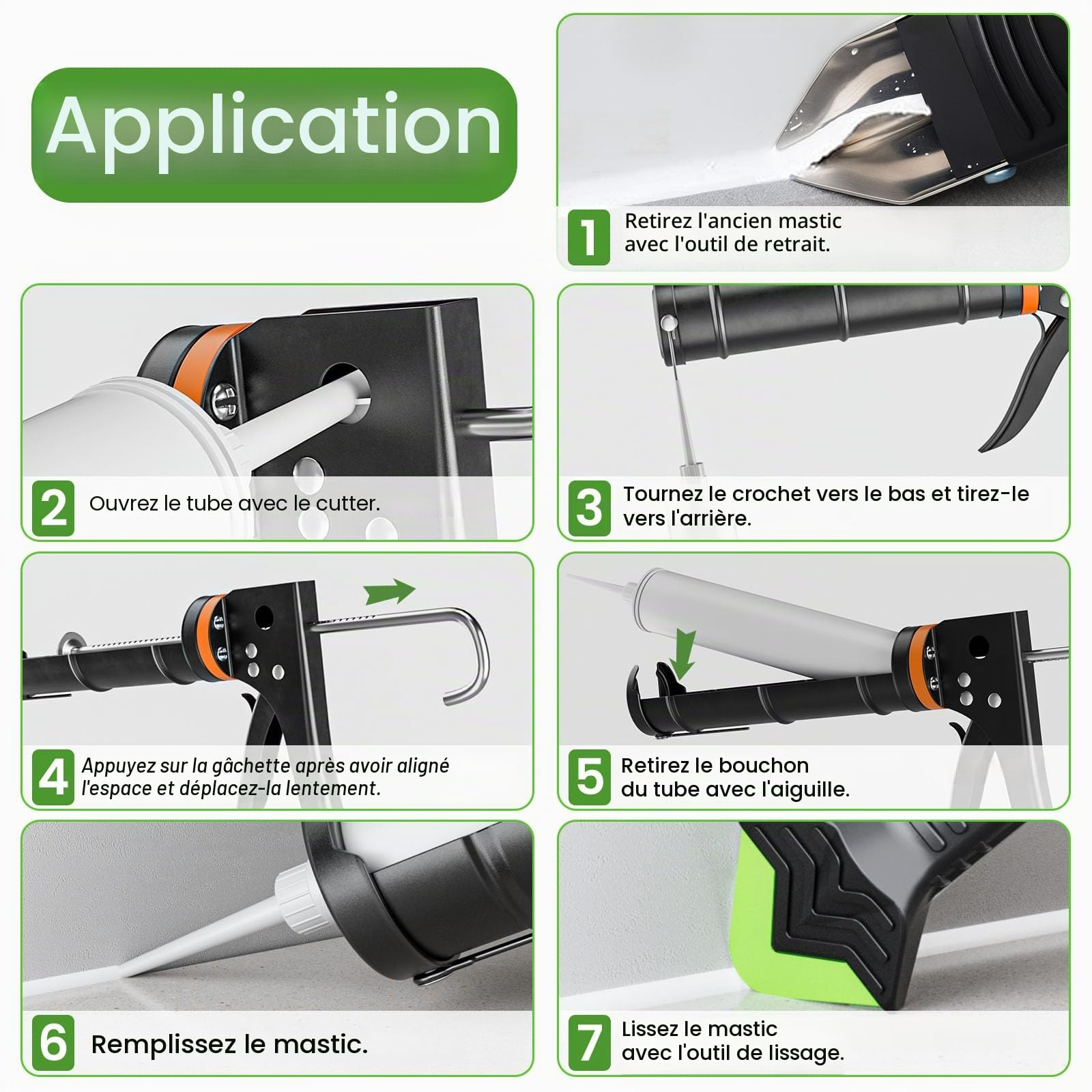 Sentoo Kit de presse à cartouche, pistolet à cartouche en silicone et outil pour enlever le mastic, grattoir à joints pour salle de bain, cuisine, sol, fenêtre, joints d'évier, cadre