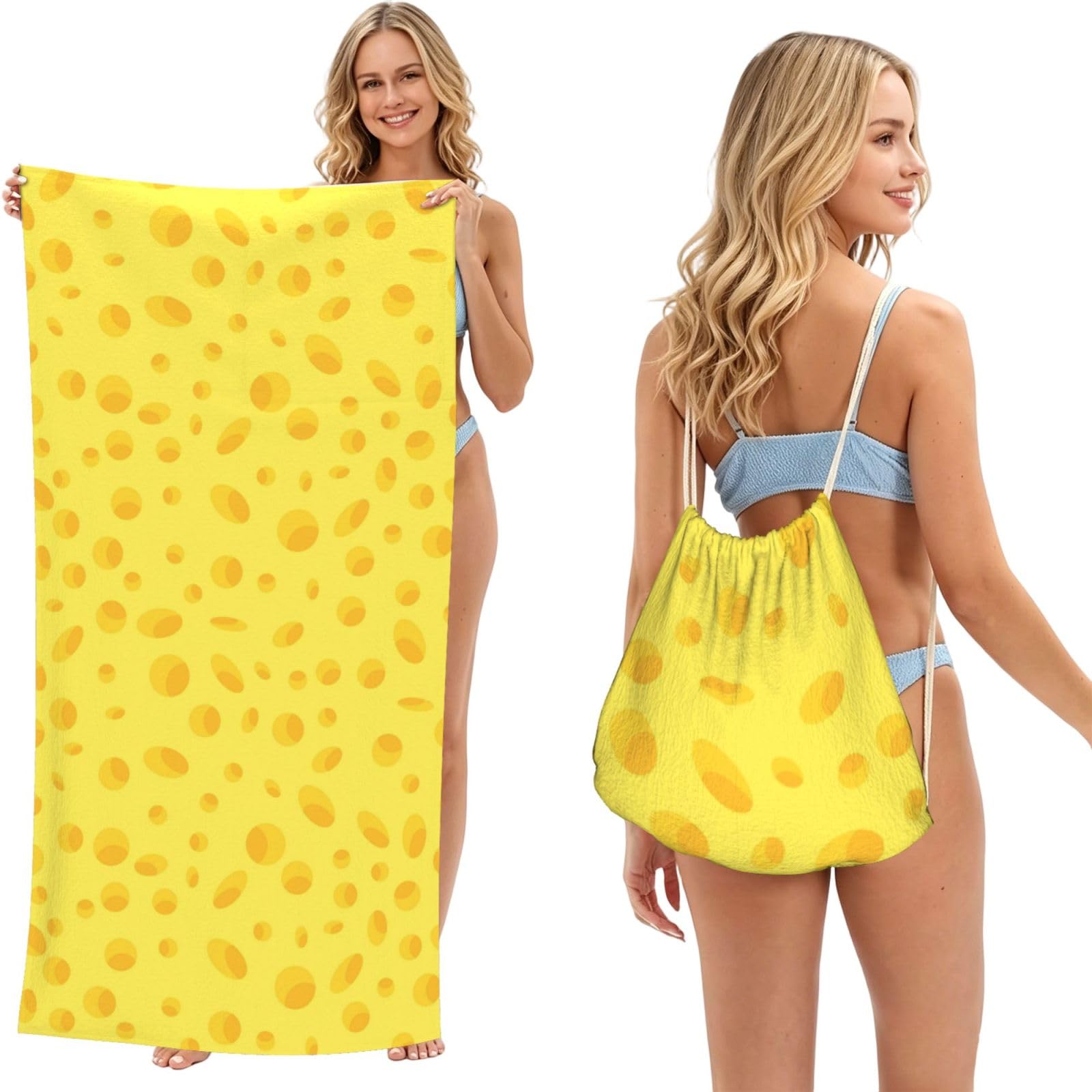 Poadnly As Picture Yellow Cheese, 2 In 1 Packable Towel Bag, Beach Towels With Drawstring Backpack For Travel Holiday Camping