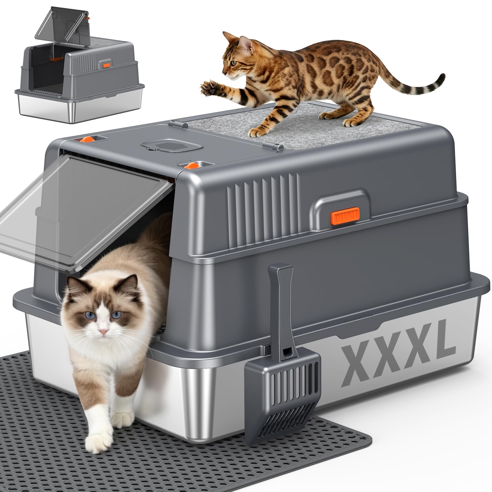 Edelstahl Katzentoilette Geschlossen XXXL Kratzmatte Oben, Dunkelgrau | Großer Klappdeckel, Aktivkohlefilter, Geruchskontrollierend, Leicht Zu Reinigen, Kratzfest, Stabil Für Große Katzen