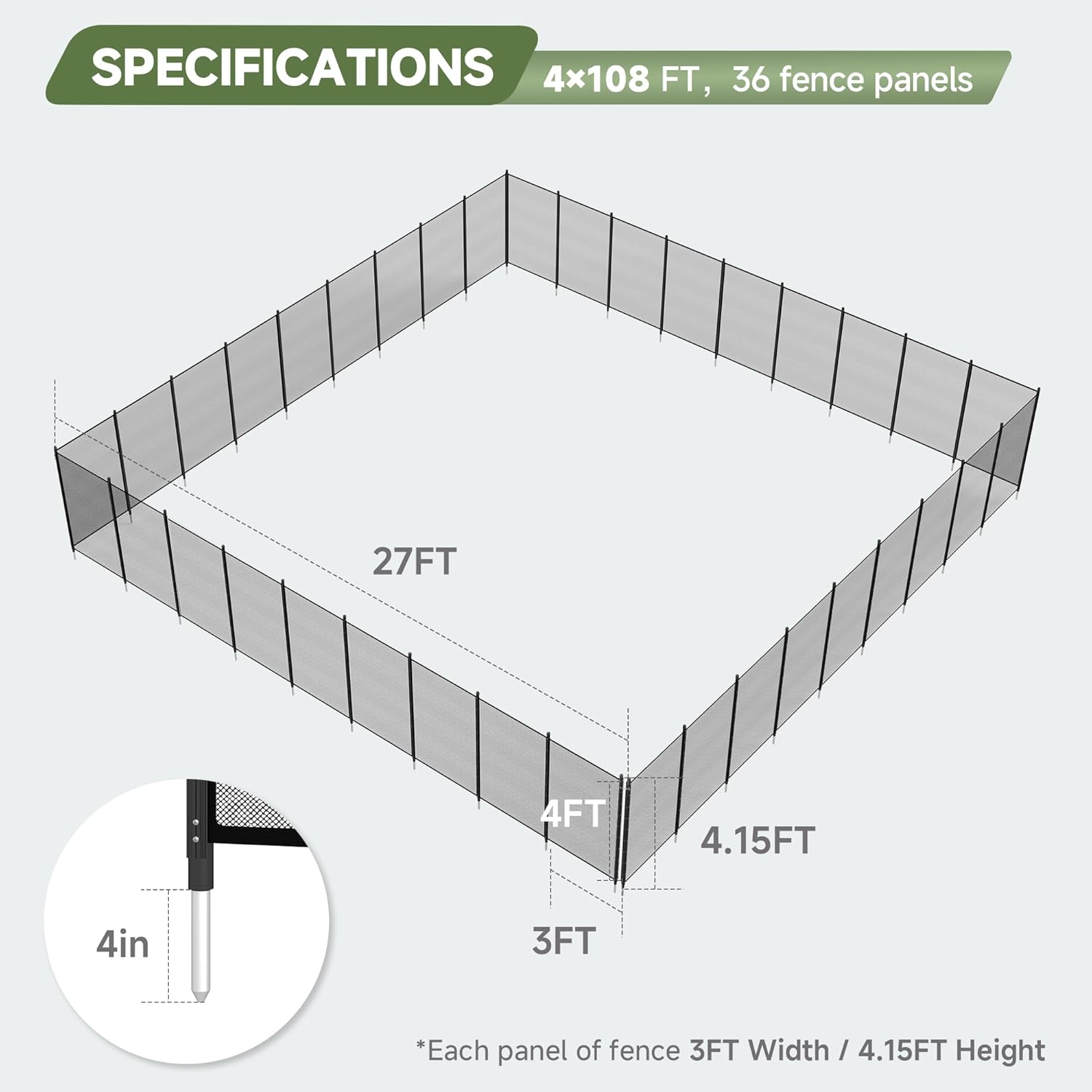 4×108FT, 350GMS Teslin Mesh Pool Safety Fence, Stainless Steel Feet, Triple Stitching Craftsmanship, Protecting Children and Pets, Black