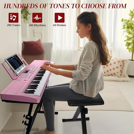 Ktaxon 61 Key Keyboard Piano Electric Keyboard with Lighted Keys | Electric Piano Set with Headphones, Microphone, Music Rest, Power Adapter, Stand, Piano Bench, Stickers & Manual (Full-Pink)