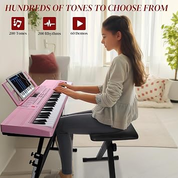 Ktaxon 61 Key Keyboard Piano Electric Keyboard with Lighted Keys | Electric Piano Set with Headphones, Microphone, Music Rest, Power Adapter, Stand, Piano Bench, Stickers & Manual (Full-Pink)
