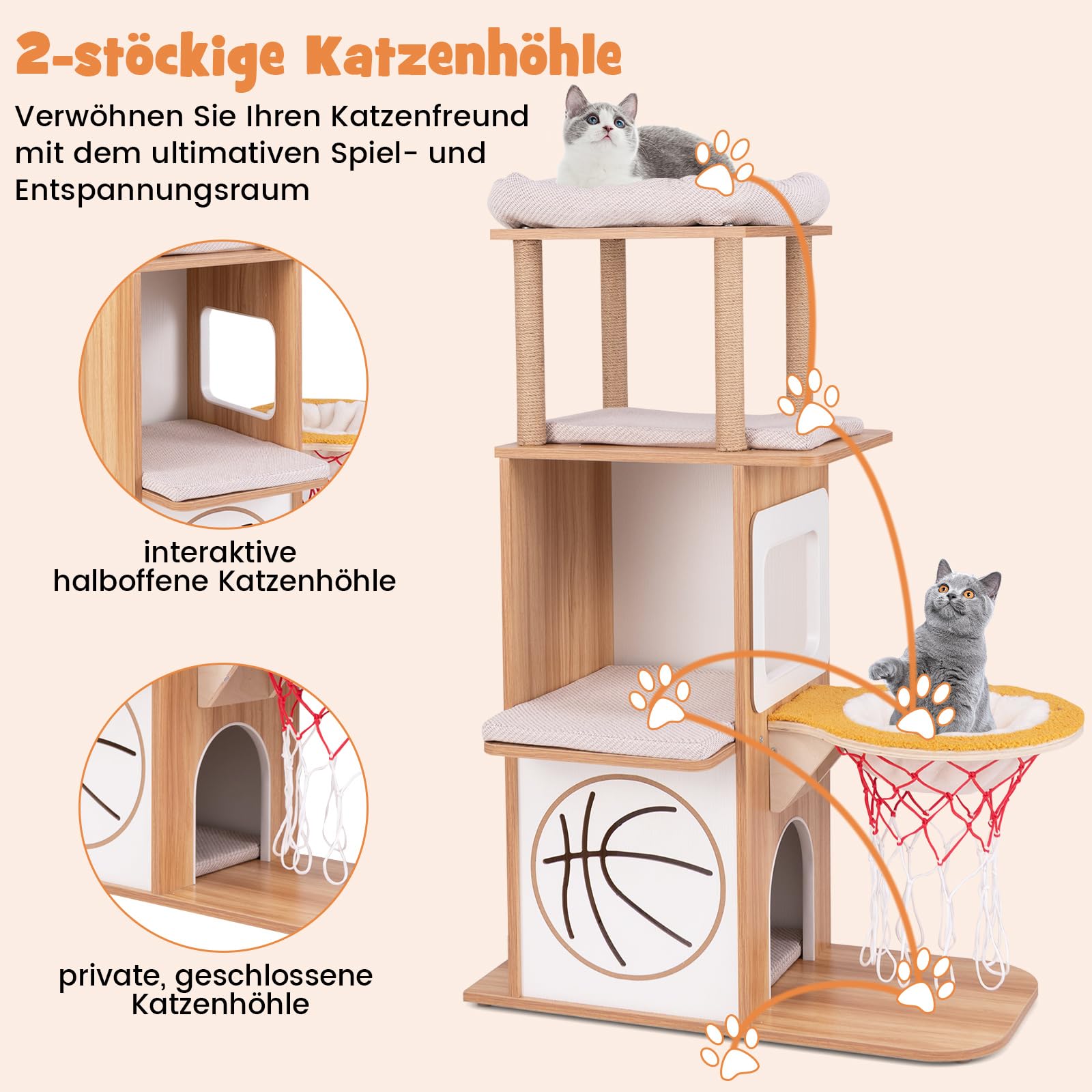 COSTWAY Drapak z drewna 120 cm, drzewo dla kota z hamakiem w stylu kosza do koszykówki i 2-piętrowym domkiem dla kota & 2 platformami i poduszkami, mały drapak dla kota, drzewo do wspinaczki dla kotów