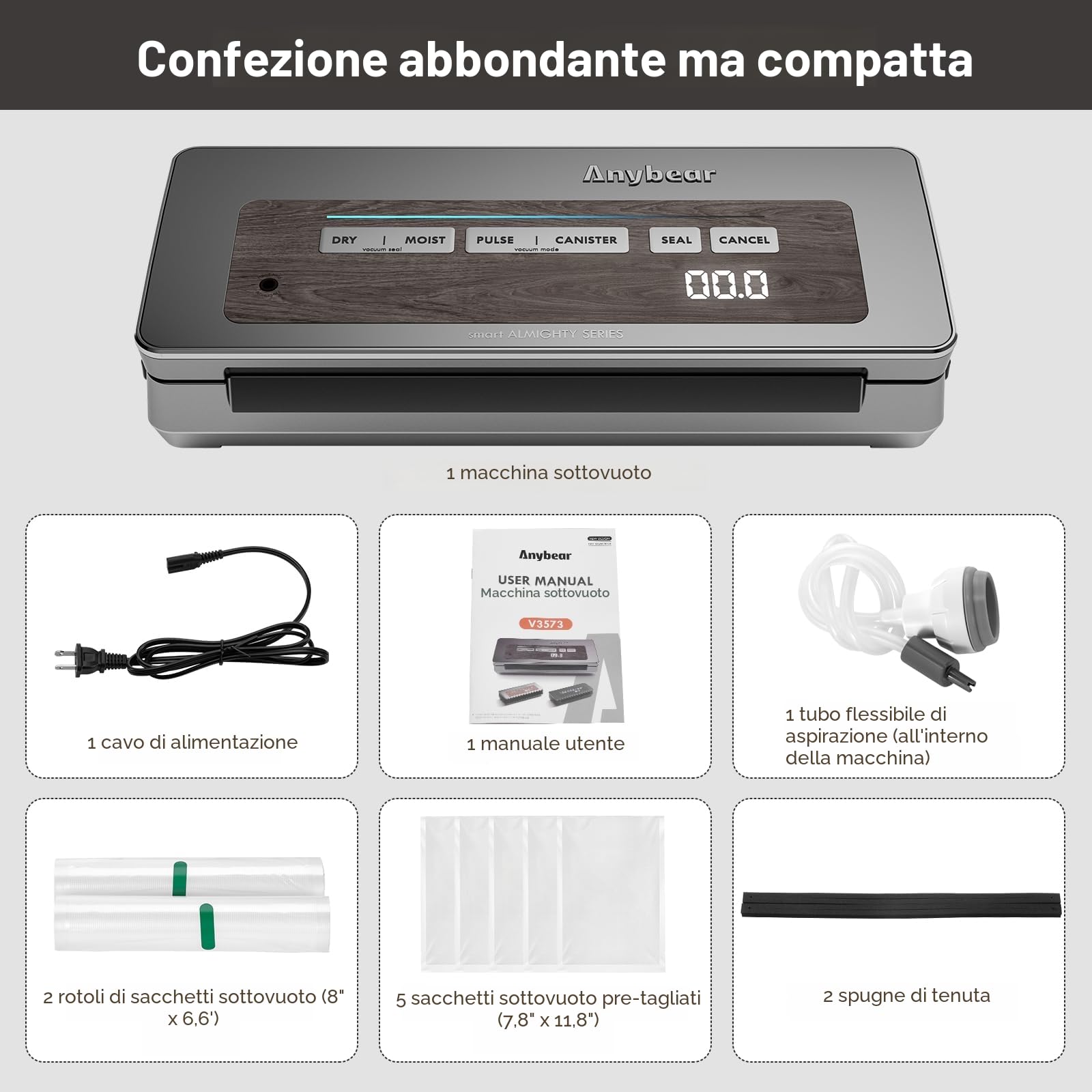 Macchina per sottovuoto, 90 kPa, 100 W, ampia tenuta, tutto in uno, potente contenitore per alimenti, taglierina integrata | Contenitore per sacchetti (Grigio A)