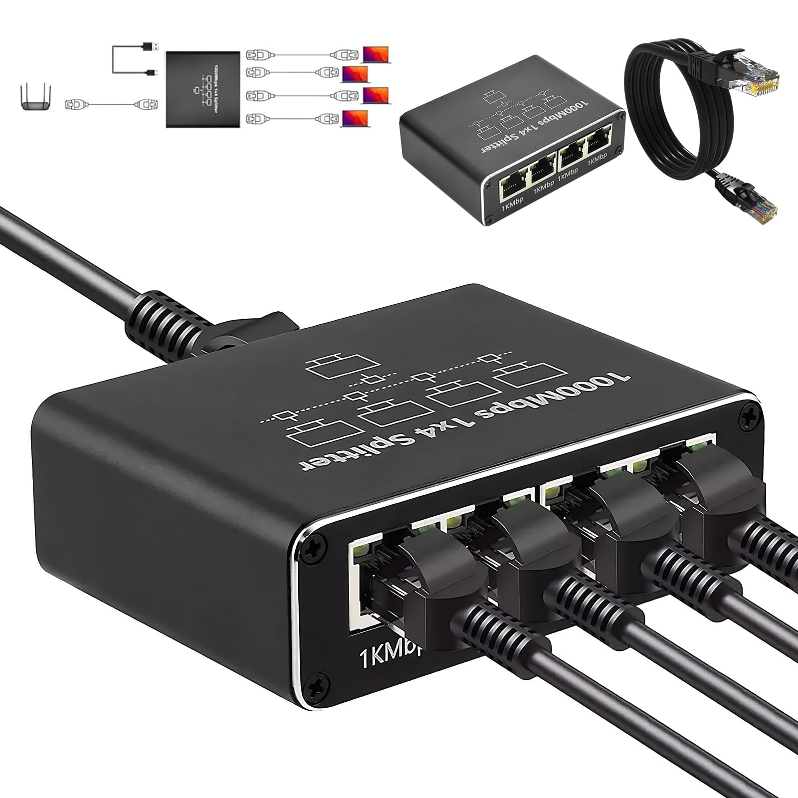 LAN Splitter 1 to 4 with 1 m Network Cable, Ethernet Switch 4 Port, LAN Splitter 1000 mbps, Ethernet Switch RJ45 for Computer, Router, Set-Top Box, Adsl, Digital Tv, Et