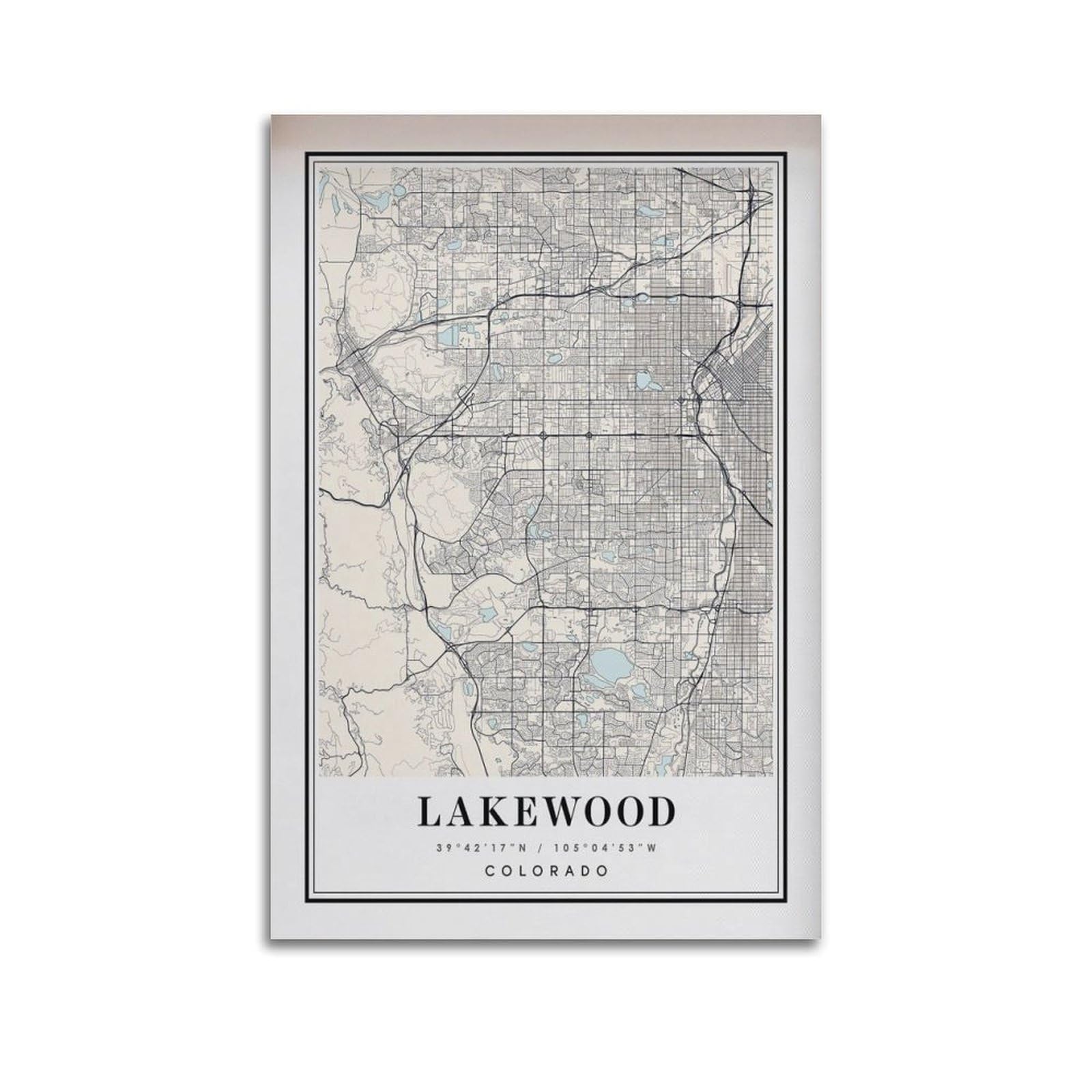 xiaoxiaoshen Lakewood CO Map Canvas Poster Wall Art Prints Room Aesthetic Murals Bedroom And Living Decorations 20x30inch(50x75cm)