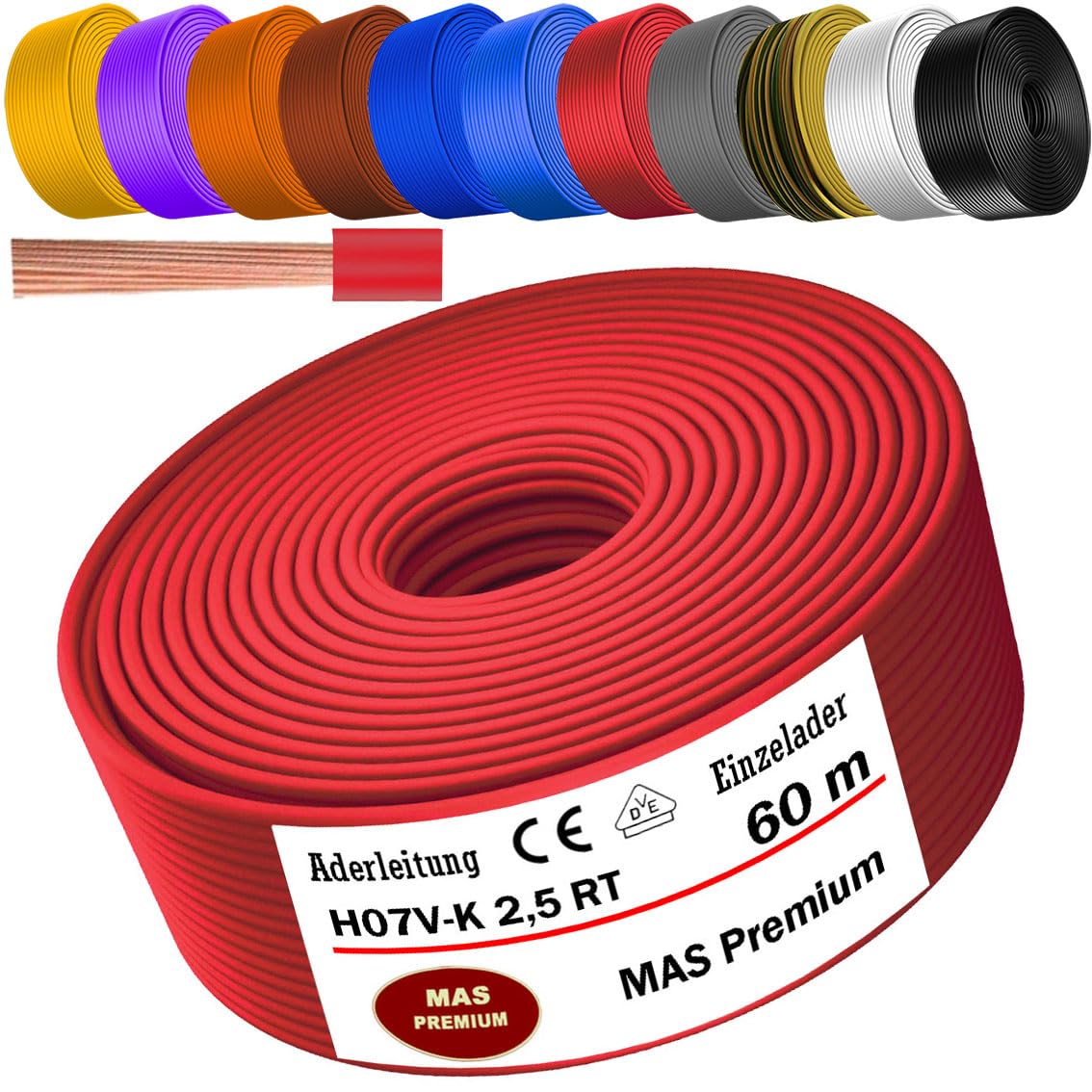 MAS Premium Conductor H07 V-K 1 x 2,5 mm² HBL GRGE RT DBL BR OR GR WS VIO o GE individual, flexible de 5 a 100 m (rojo, 60 m)