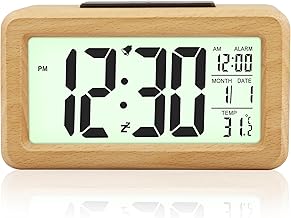 Ayybboo Réveil Matin Numérique en Bois avec Grand Écran, Capteur de Lumière Automatique, Affichage de la Date et Température, Réveil Digital à Piles (Hêtre)