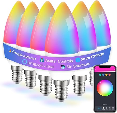 Paquete de 6 bombillas LED inteligentes E12 que cambian de color, Alexa WiFi, bombillas inteligentes de 5 W, 2700 K-6500 K, regulables, RGBCW,