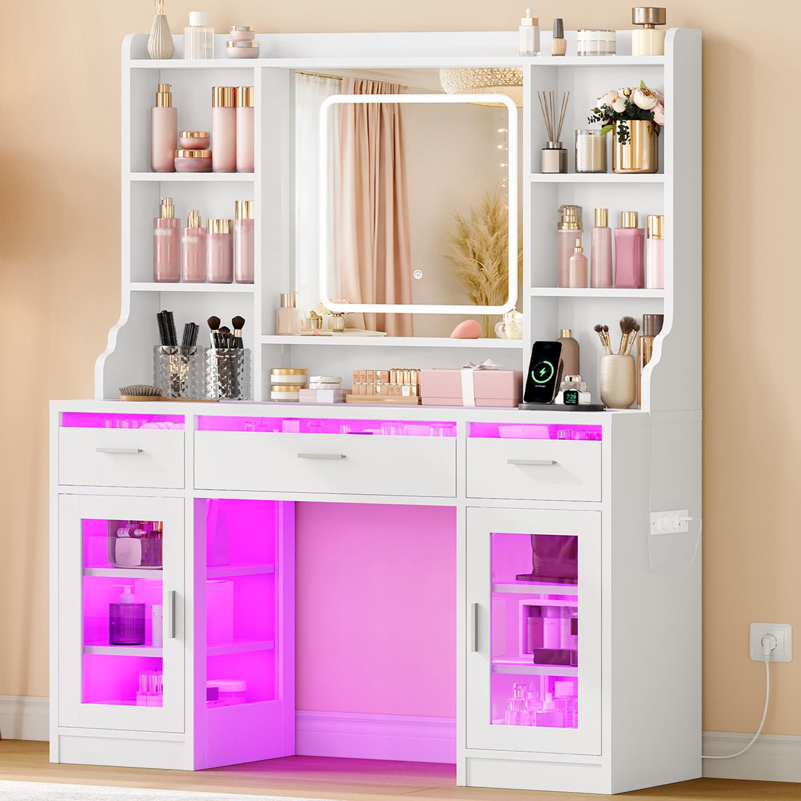 TEENFON Schminktisch mit Glasplatte, LED-Spiegel und RGB-Lichtleiste, Helligkeit Einstellbar, 3 Schubladen und 2 Schränke, inklusive Steckdosen, Für das Schlafzimmer, Weiß