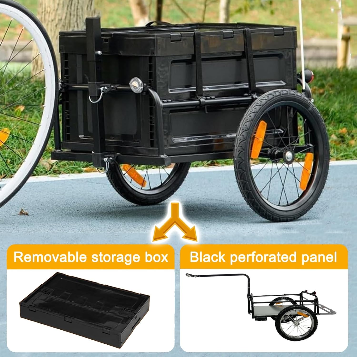 Bike Cargo Trailer, Foldable Bicycle Trailer, Heavy-Duty Bicycle Wagon Cart with Removable Storage Box for Camping, Groceries, Hauling Essentials(Black-A)