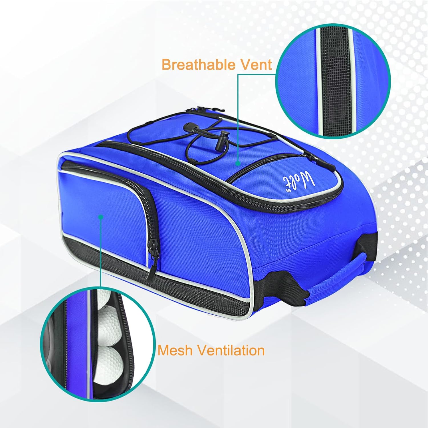 Wolt | Golf Shoe Bag for Travel- Zippered Shoes Carrier Bags with Ventilation & Double Outside Accessory Pocket for Socks, Tees, Golf Balls, Etc. for Women and Men (Blue) - Image 5