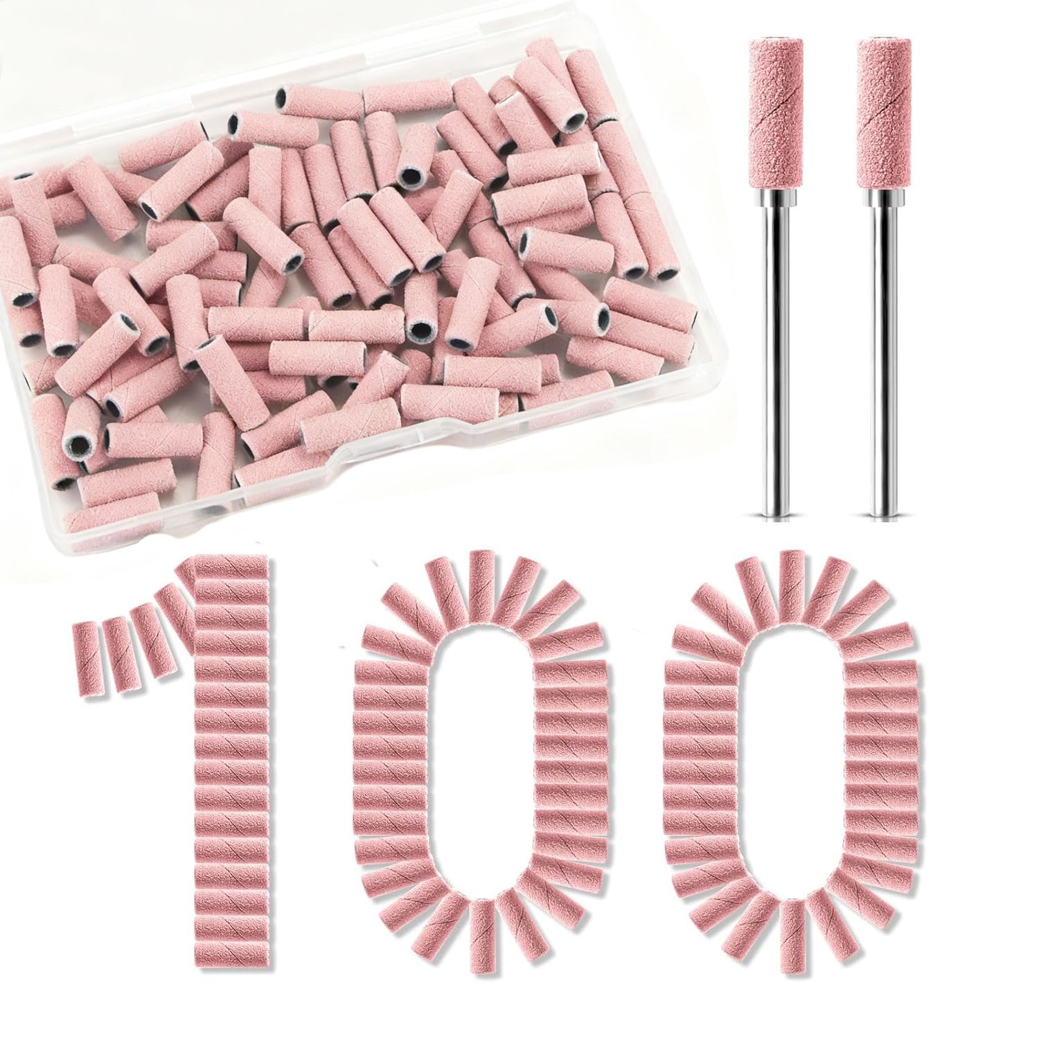 Bandas de Lijado para Cabezal para Torno de Uñas, 100 Pcs Mini Bandas 240 Grit con Estuche y 2 Brocas para Uñas, Compatible 99% Taladros Uñas, para Remoción Gel Acrílico y Pulido, Rosa