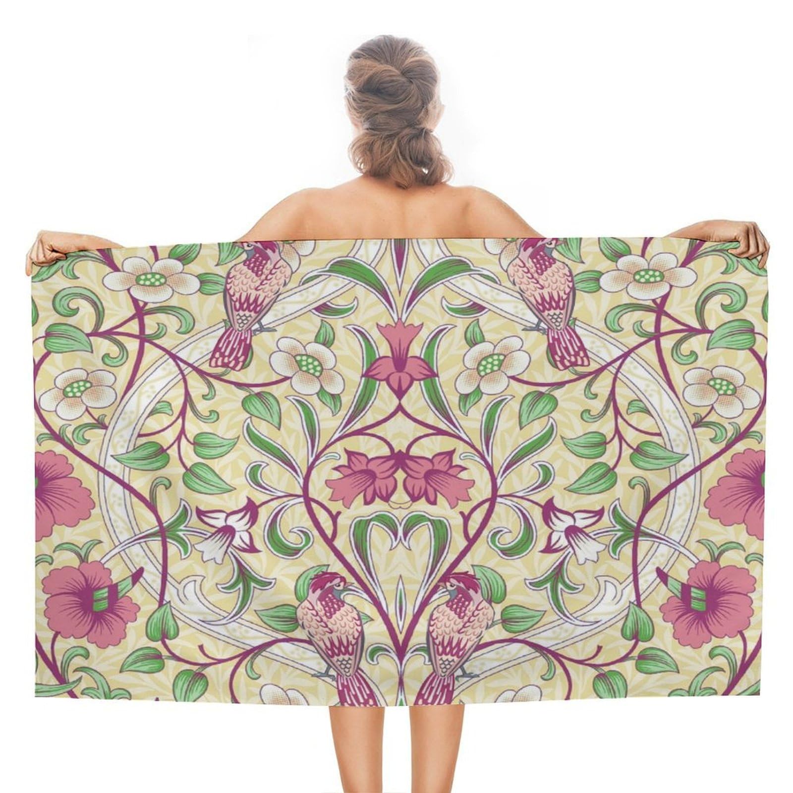 COALHO Rustic Mid Century Boho Art Beach Towel For Adults Extra Large-51 x31,Abstract William Morris Spring Florals Green Leaf Bird Beach Towel Lightweight Quick Drying Absorbent Towel