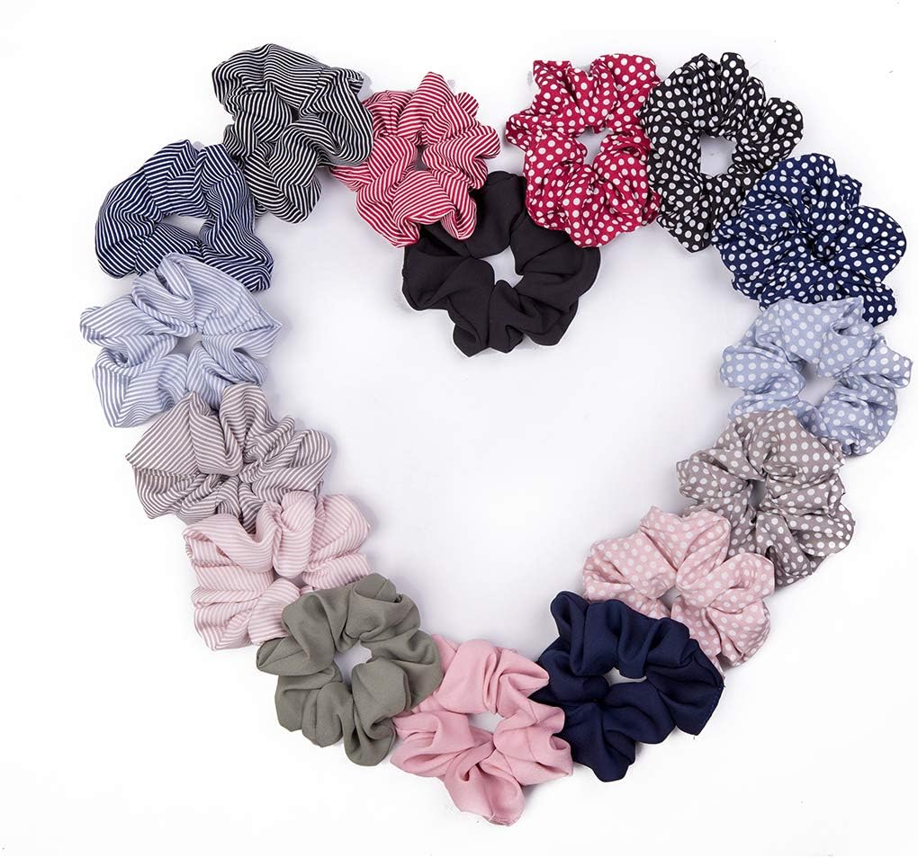 16 Pcs Chiffon Hair Scrunchies Ties, Colorful Elastic Polka Dot & Striped Hair Bobbles for Ponytail Holder, Hair Accessories Ropes Scrunchies for Women & Girls