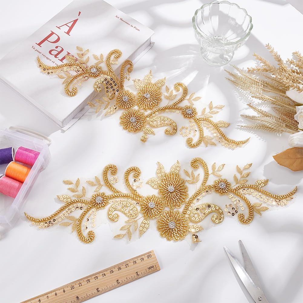 arricraft 2 pcs Gold 3D Applique Flowers Lace Patch, Embroidery Beaded Rhinestone Lace Trim Applique Sew On Flower Fabric Collar Patch for DIY Wedding Dress Decor 5.1x14.1 inch(13x36cm)