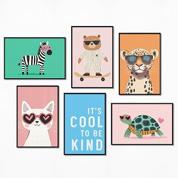 6pcs Nursery Animal Canvas Wall Art, Sunnies Wearing Cat Zebra and Sea Turtle Poster, Bear on Skateboard Picture, Cool Cheetah Painting, Its Cool To Be Kind Affirmations Print 8x12in Unframed