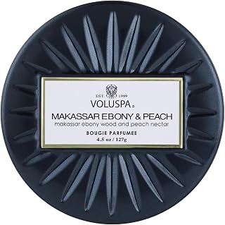 Voluspa Makassar Ebony & Peach, Mini Tin Candle, 4 oz, 25 Hour Burn Time, Coconut Wax for Clean Burning, Handcrafted in The USA