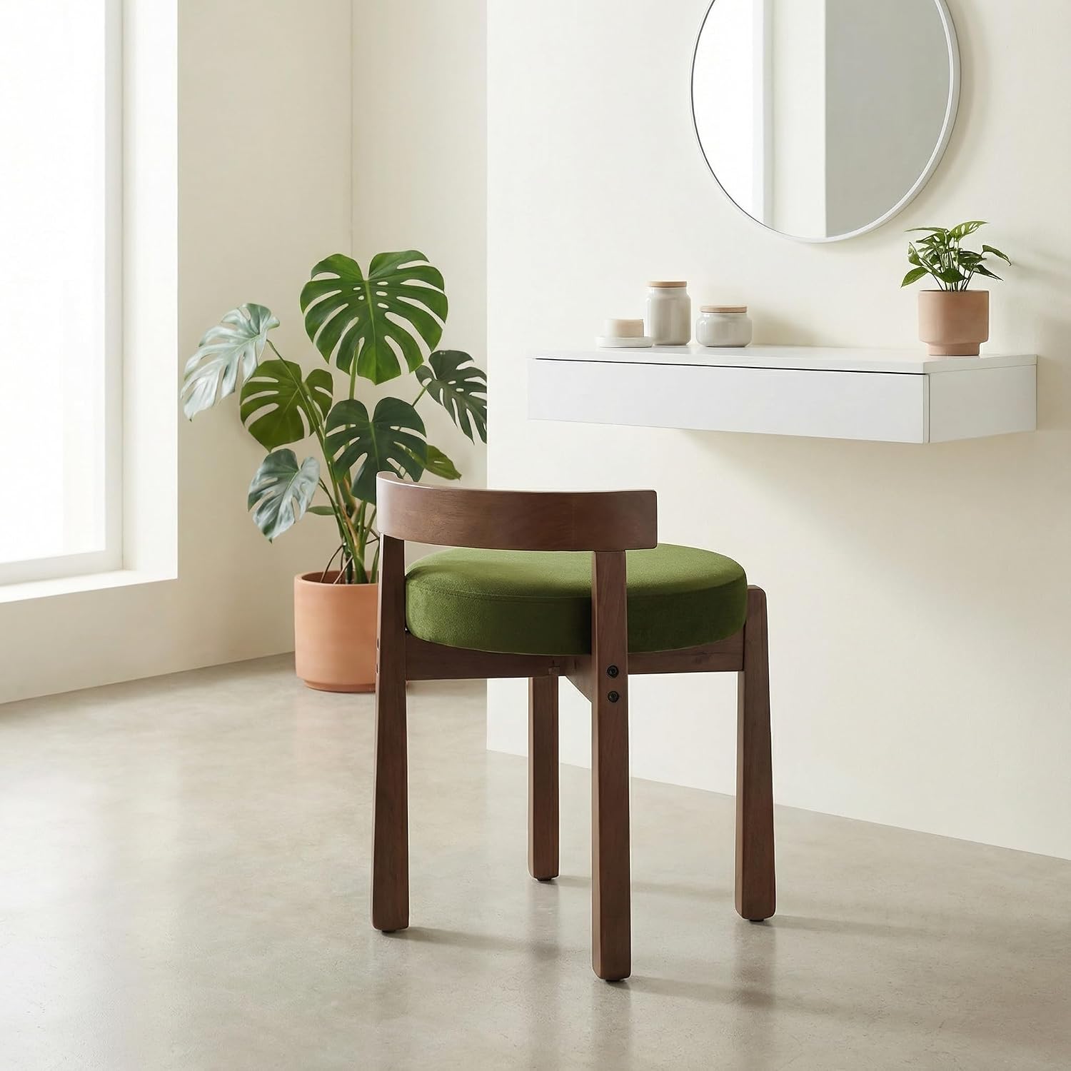 HNY Velvet Makeup Vanity in Vintage Green: Compact Round Ottoman Chair with Wooden Legs, Perfect for Small Spaces Like Entryway, Cloakroom & Boudoir