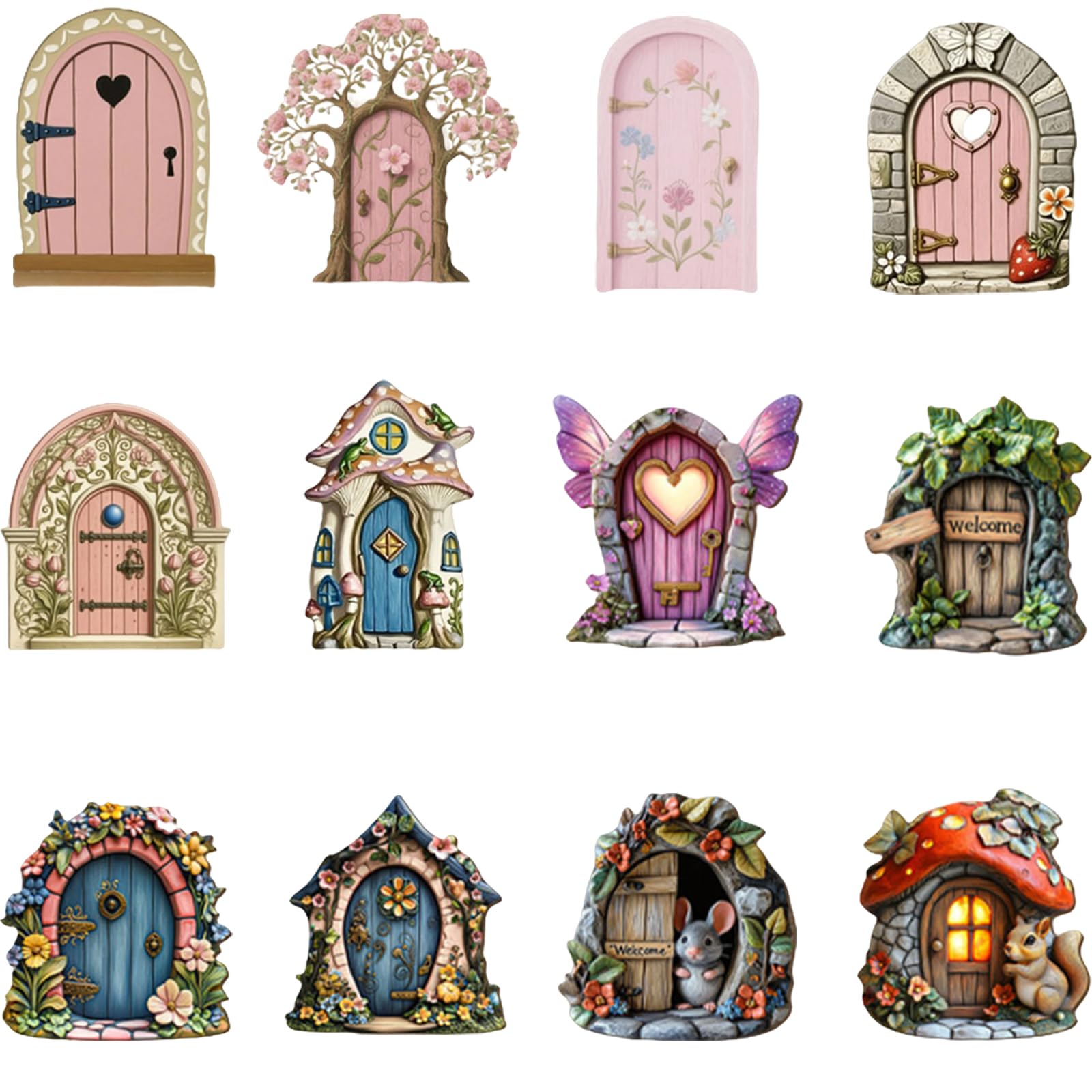 DXPETA Fairy Garden Accessories, Whimsical Decor Fairy Doors for Garden, Create Magical Garden Displays and Fairy Village Decorations, Set of 12 Wooden Fairy Doors