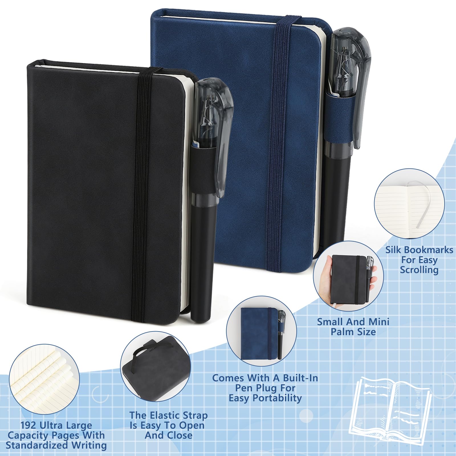 HOCUCHELAND 2 Pack Small Pocket Notebook with Pen, 192 Pages Small Notebooks Pocket Size with Elastic Band and Bookmark - Image 4
